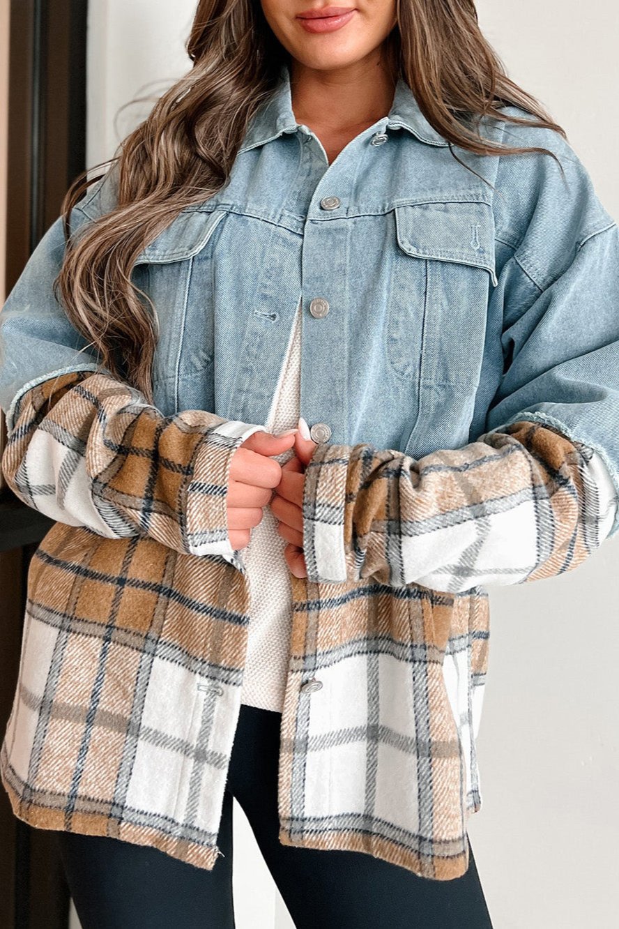 Denim Plaid Patchwork Buttoned Jacket