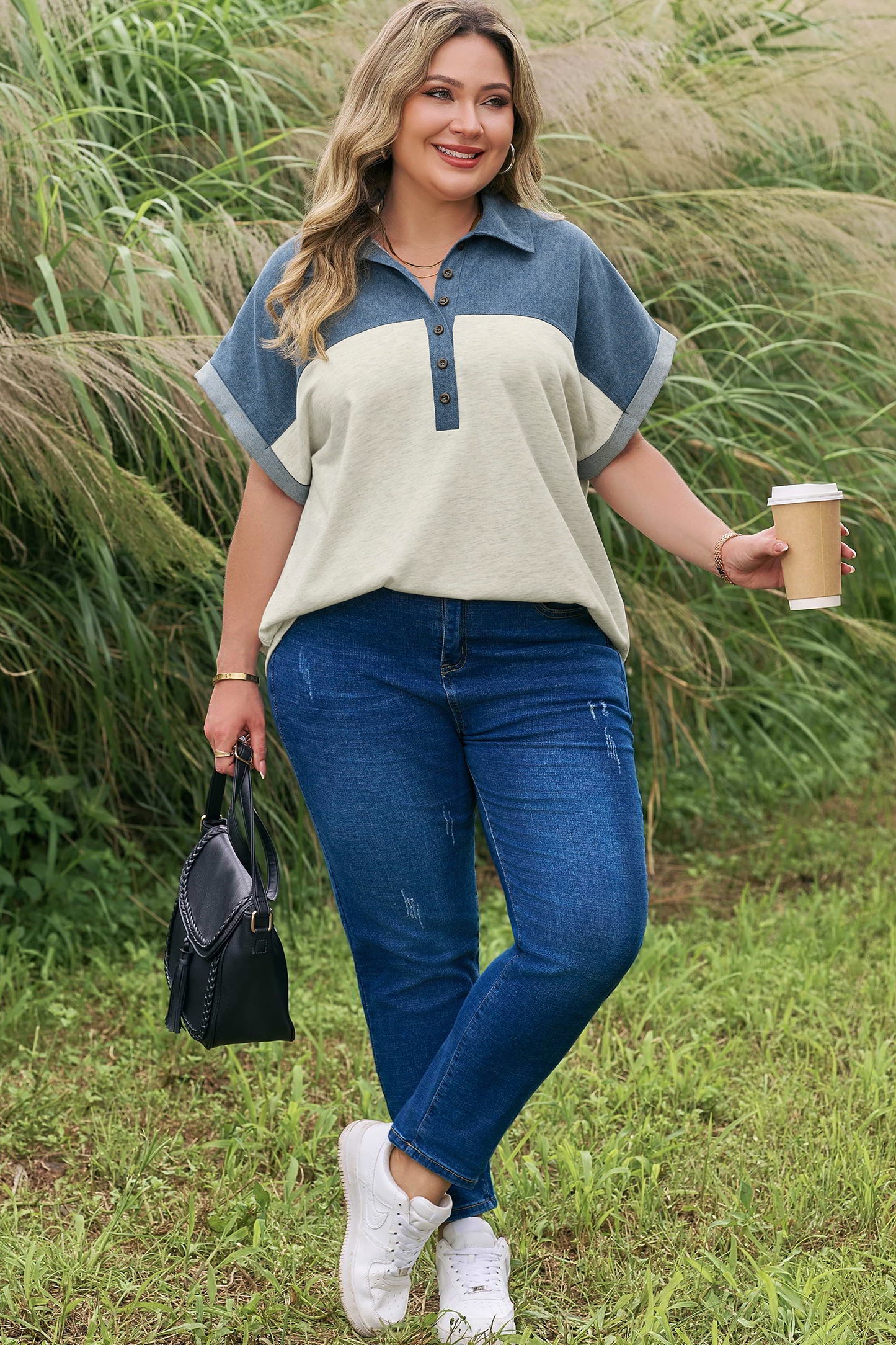 Plus Size Denim Patchwork Half Buttoned Collar Top