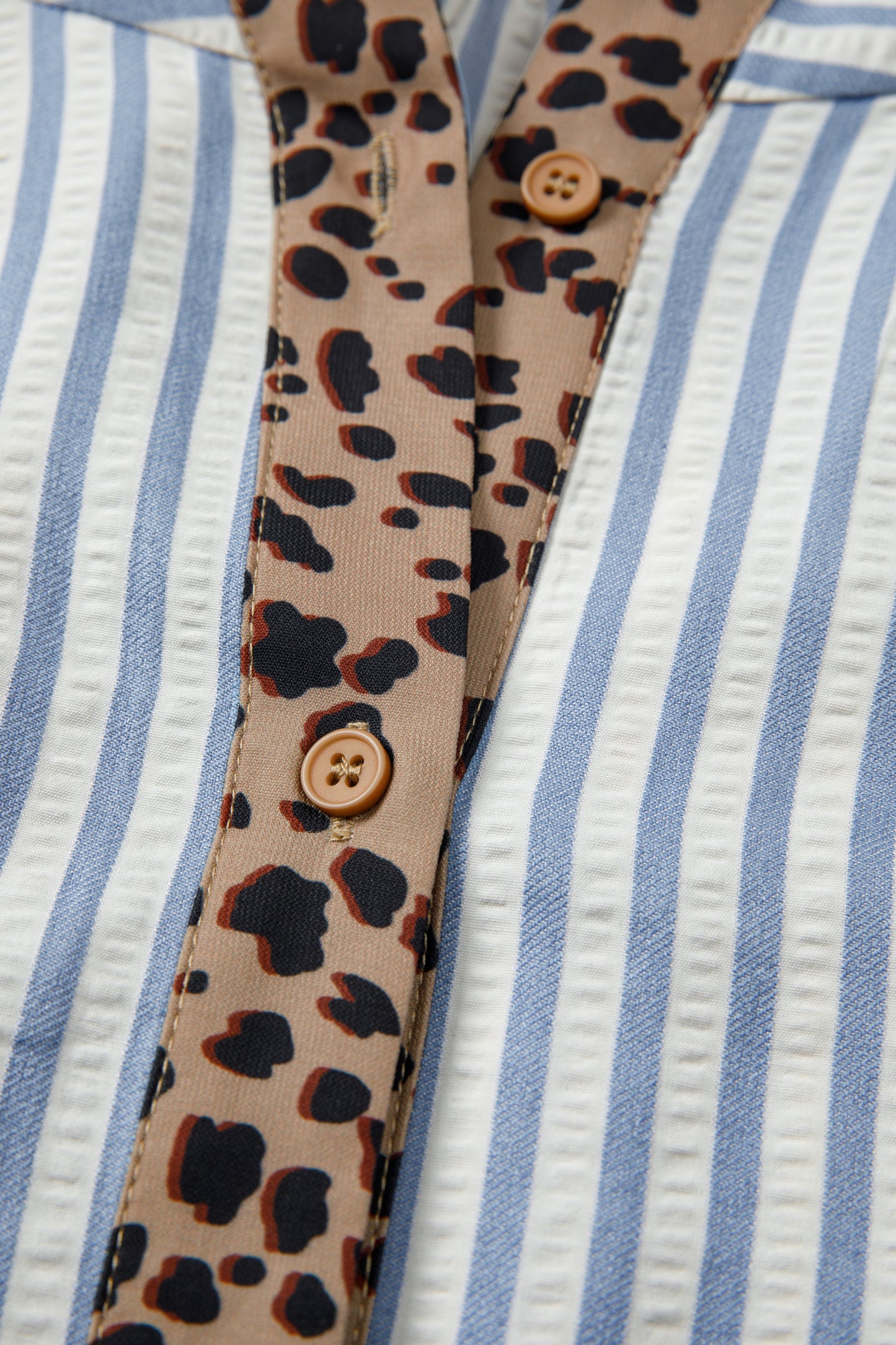 Stripe Leopard Trim V-Neck Buttoned Short Sleeve Shirt