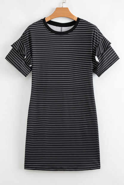Stripe Ruffle Sleeve Crewneck T-Shirt Mini Dress