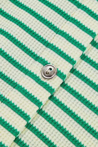 Stripe Short Sleeve Buttoned Collar Belted Romper