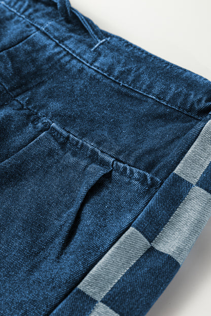 Denim Checker Side Panel Patchwork Drawstring Pants