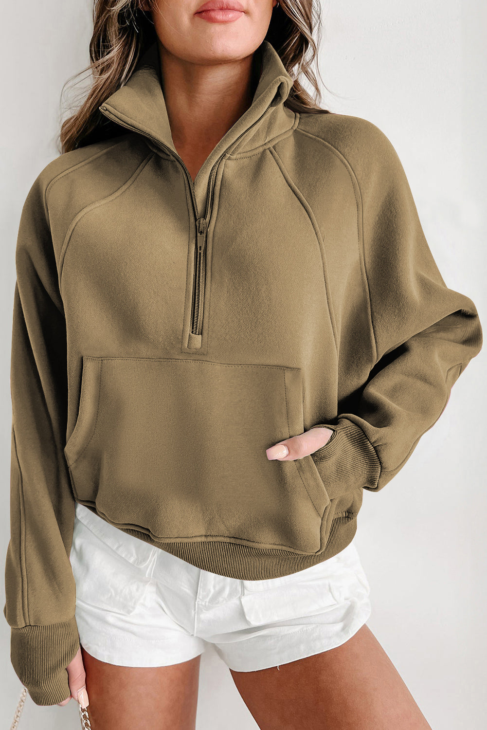 Solid Fleece-Lined Half-Zip Up Collar Sweatshirt