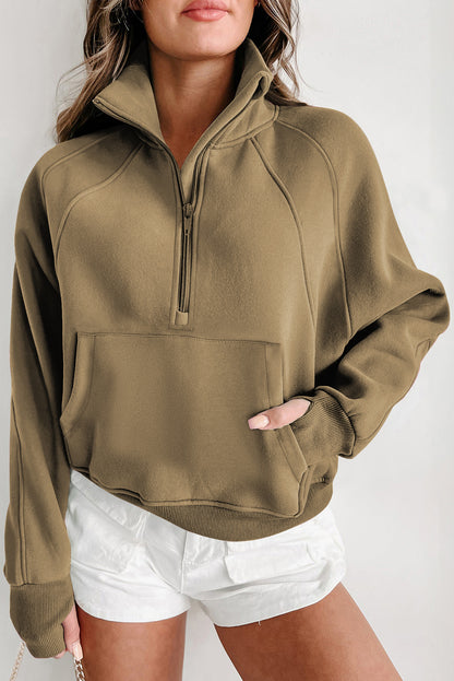 Solid Fleece-Lined Half-Zip Up Collar Sweatshirt