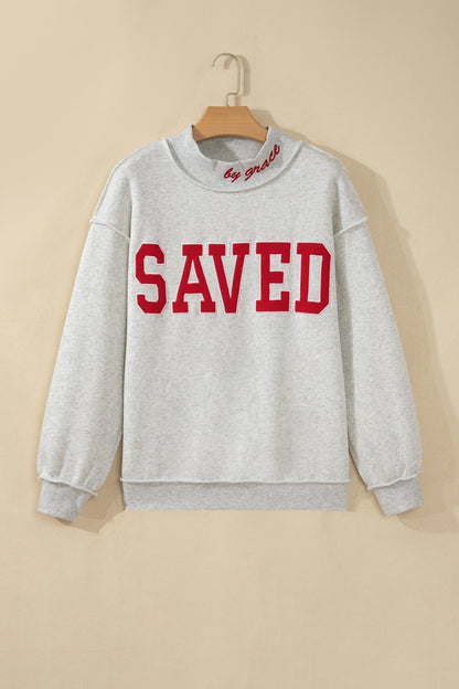 Saved By Grace Embroidered Graphic Mock Neck Sweatshirt