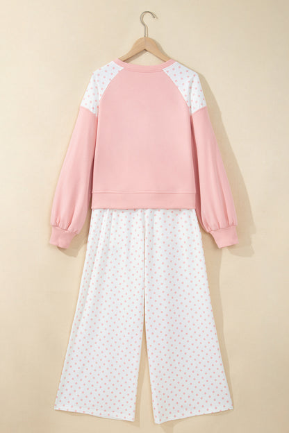 Polka Dot Patchwork Crop Sweatshirt & Pants Set
