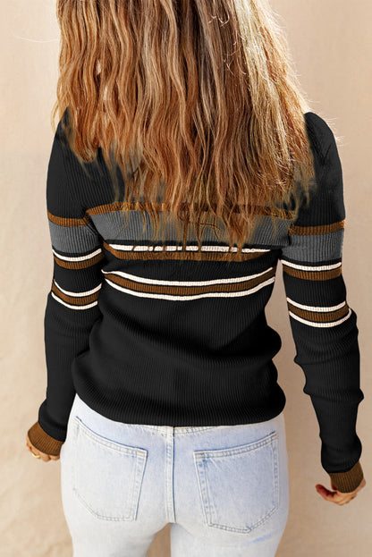 Stripe Ribbed Henley Collared Sweater