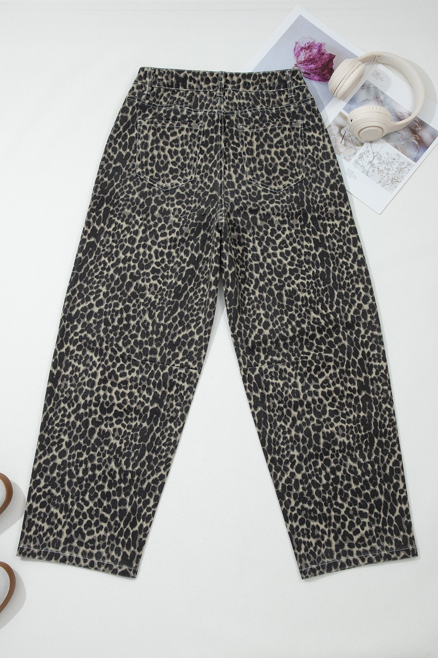 Leopard High Waist Barrel Leg Jeans