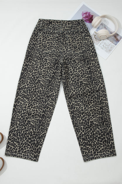 Leopard High Waist Barrel Leg Jeans
