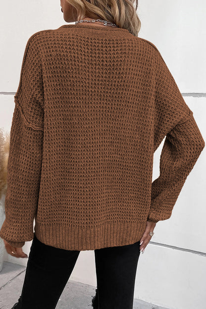 Chunky Waffle Buttoned V-Neck Sweater