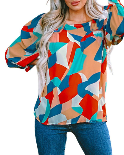 Abstract Ruffle Puff Sleeve Blouse