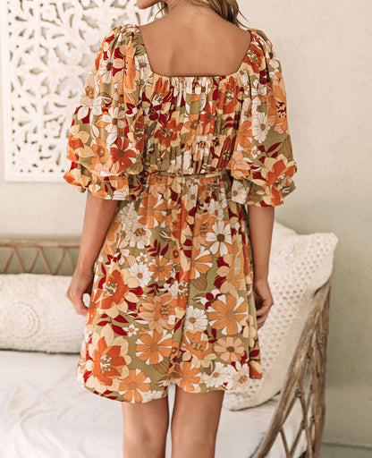 Floral Ruffle Puff Sleeve Dress