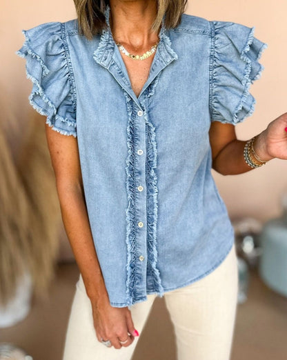 Denim Ruffle Frayed Buttoned Top