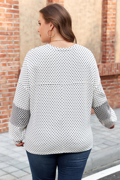Plus Size Polka Dot Stripe Patchwork Henley Top
