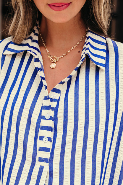 Stripe Buttoned Collar Side Pockets Mini Dress