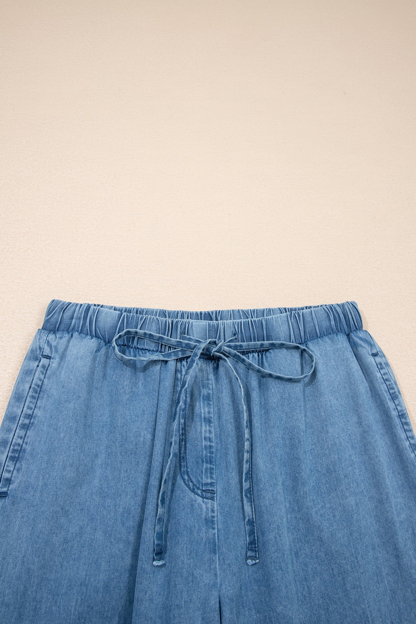 Denim Chambray Ruffle Hem Wide Leg Pants