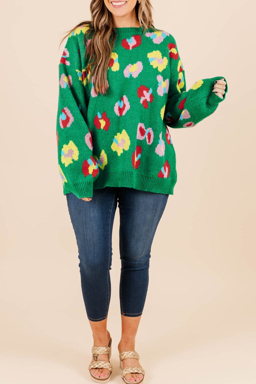 Plus Size Floral Knit Drop Shoulder Sweater