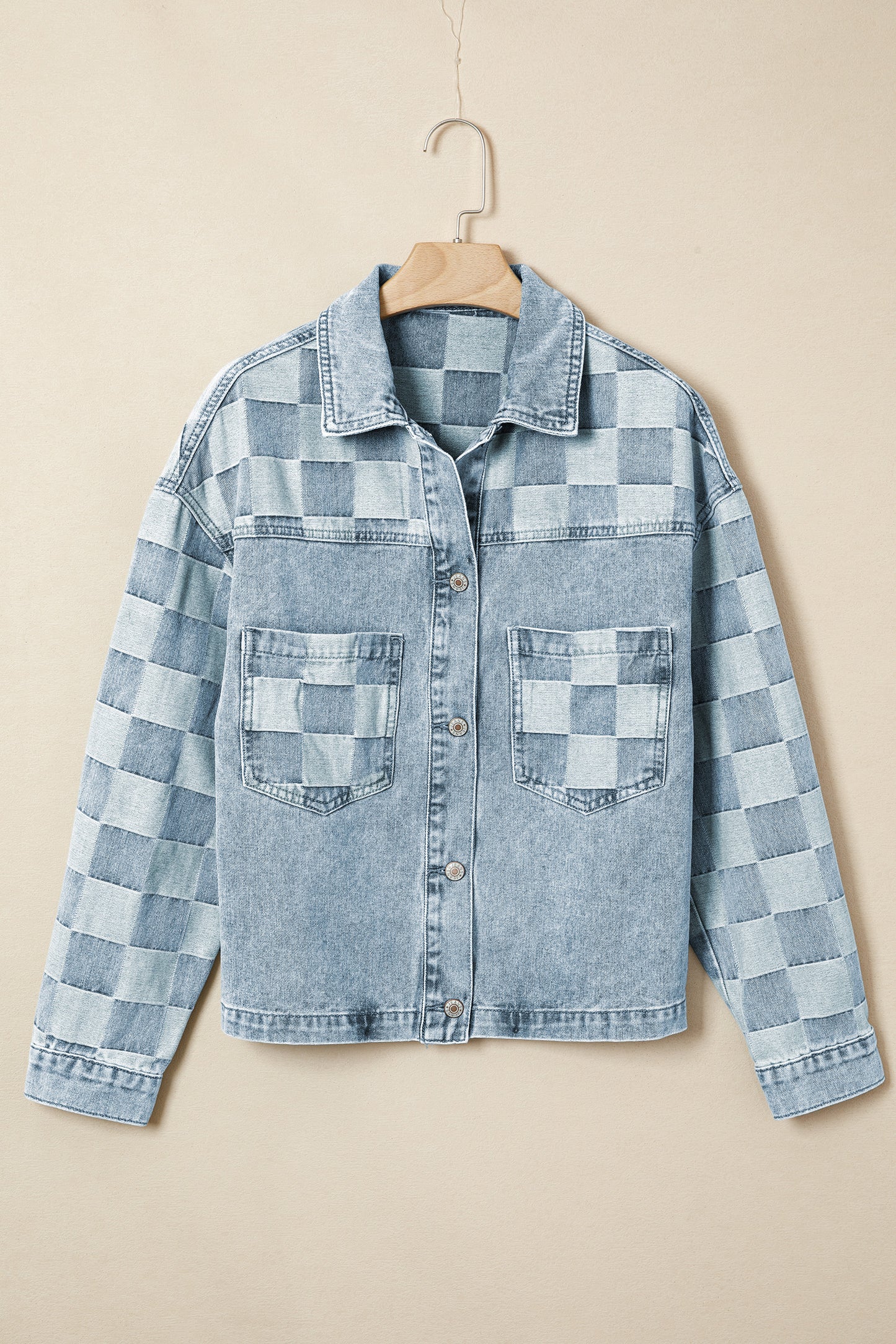 Checker Patchwork Denim Buttoned Jacket
