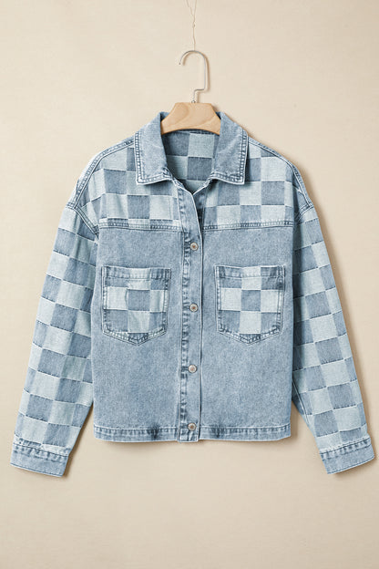 Checker Patchwork Denim Buttoned Jacket