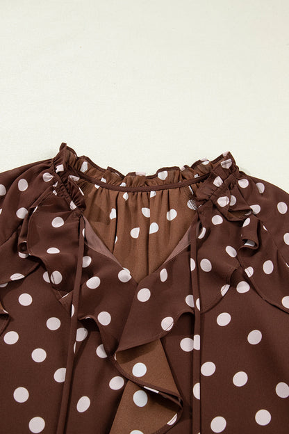 Polka Dot Ruffle Trim V-Neck Bell Sleeve Blouse