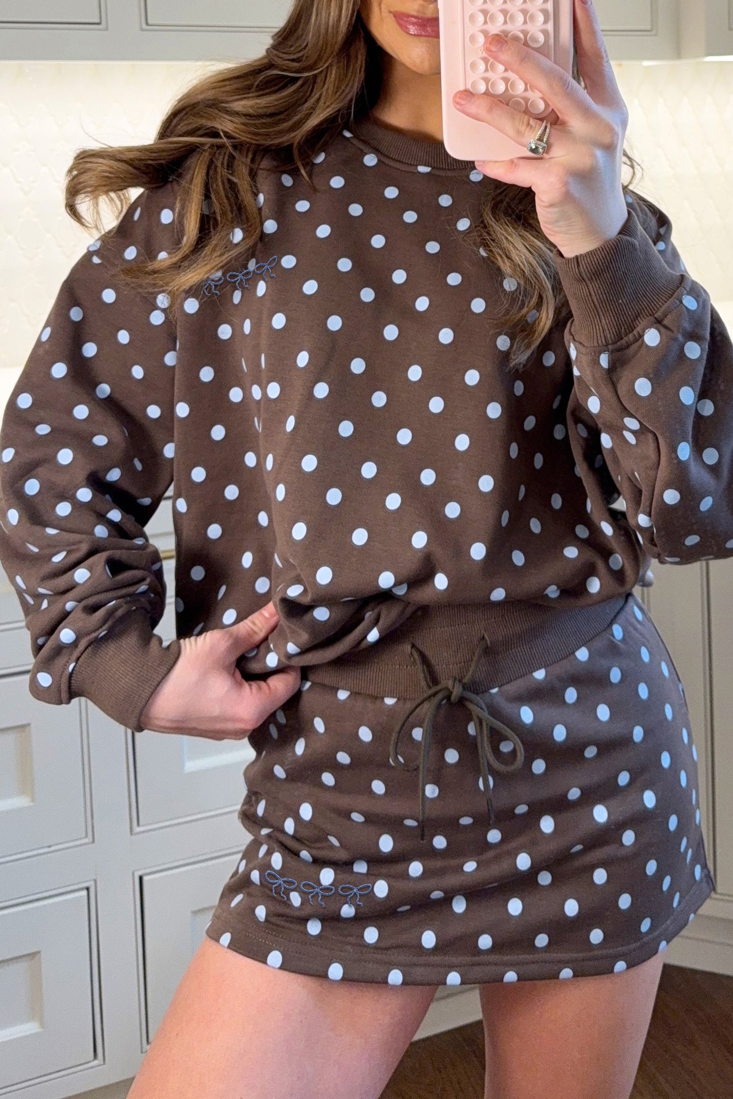 Polka Dot Long Sleeve Pullover & Bow Skort Set