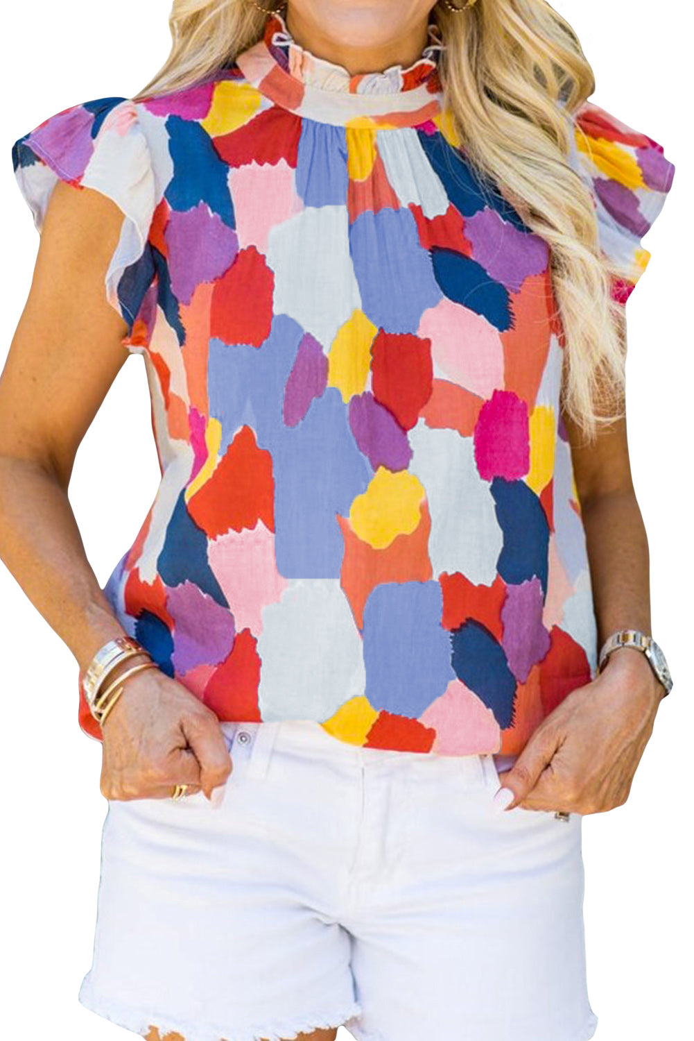 Abstract Ruffle Mock Neck Top