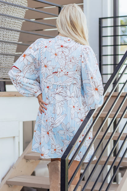 Floral Tie Neck Long Sleeve Mini Dress