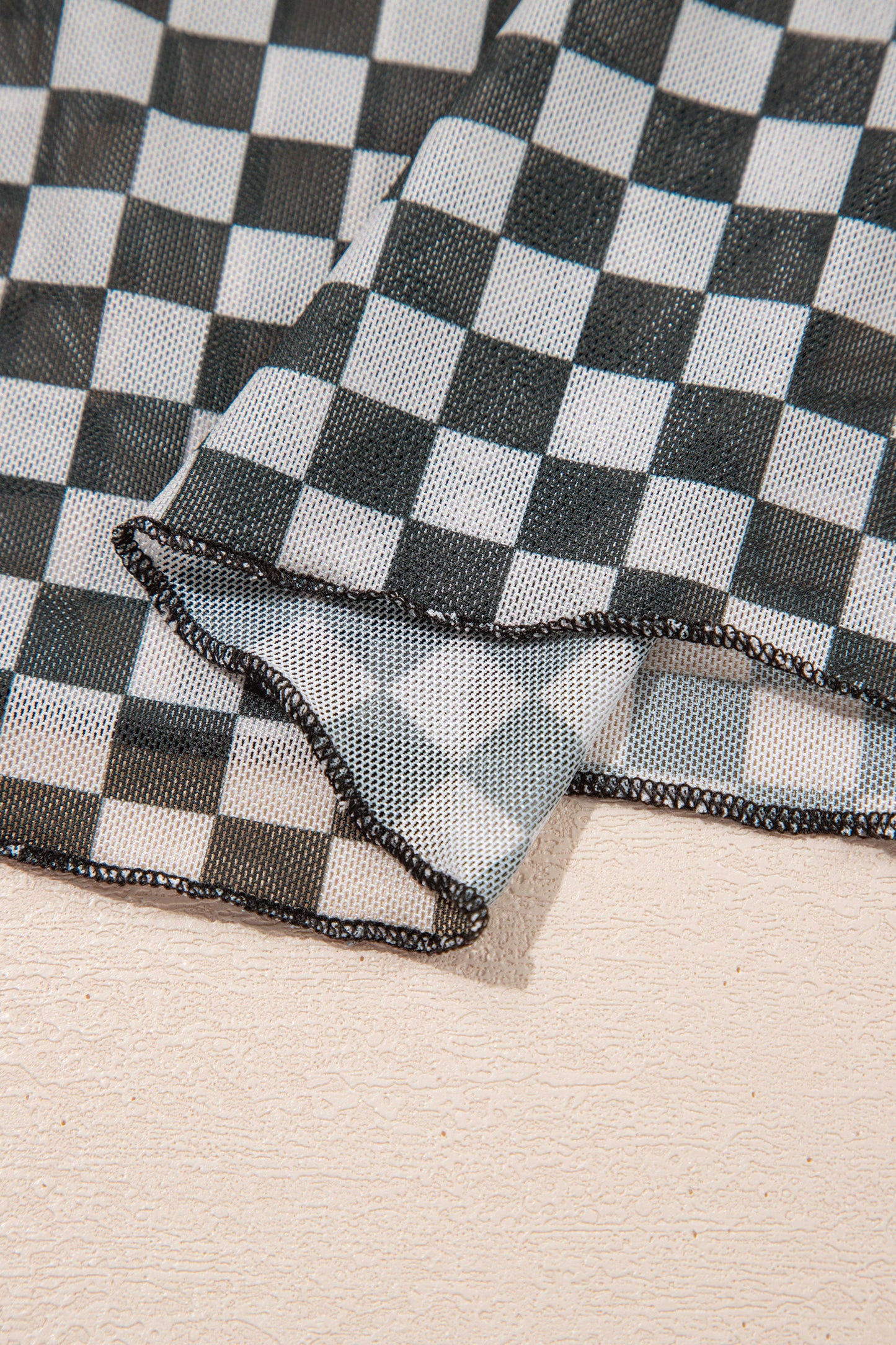 Checker Stand Neck Long Sleeve Mesh Top
