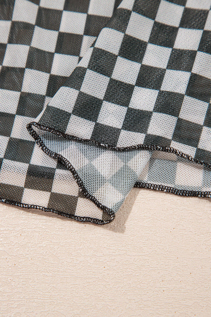 Checker Stand Neck Long Sleeve Mesh Top