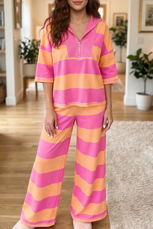 Stripe Colorblock 3/4 Sleeve Top and Pants Set