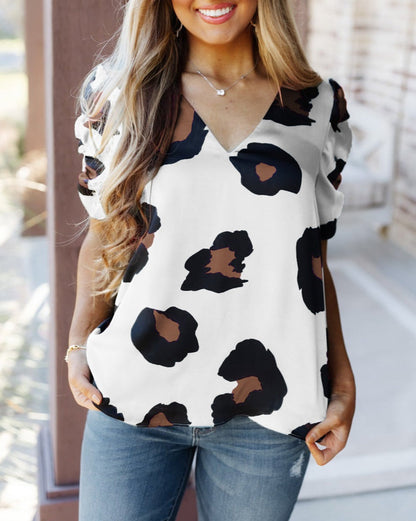 Leopard Ruched Short Sleeve Blouse