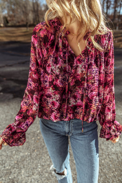 Floral Drawstring Ruffle V-Neck Blouse