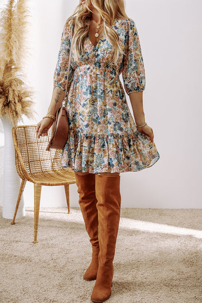 Floral Ruffle 3/4 Sleeve V-Neck Dress