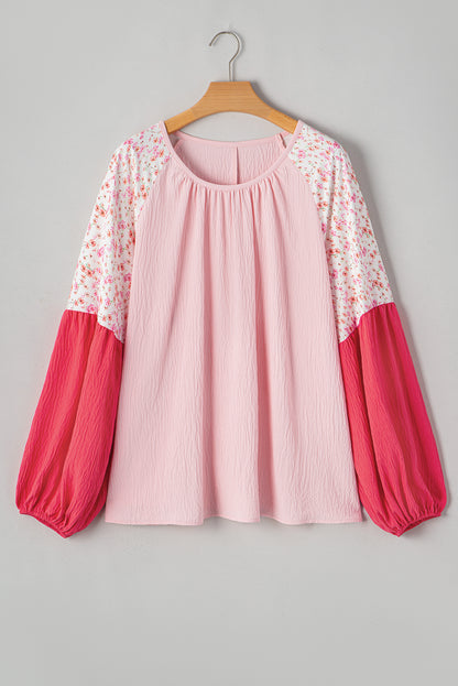 Plus Size Floral Colorblock Long Sleeve Blouse