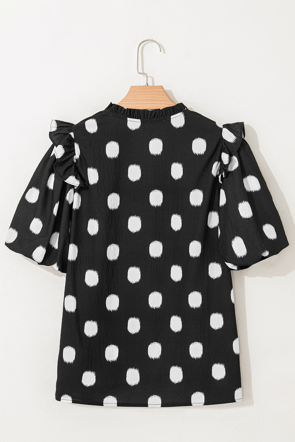 Polka Dot Shirred Notched Neck Balloon Sleeve Blouse