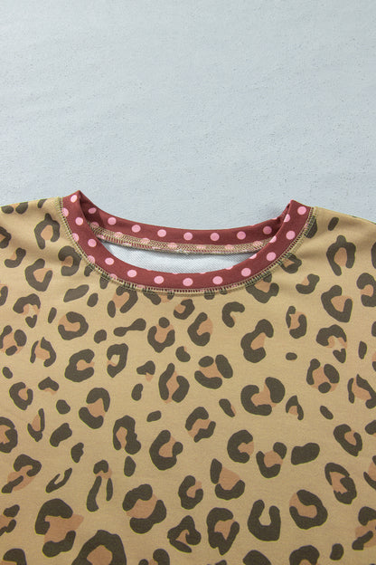 Plus Size Leopard Polka Dot Trim Long Sleeve Top