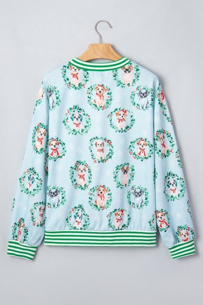 Christmas Wreath Dog Print Stripe Contrast Trim Sweatshirt