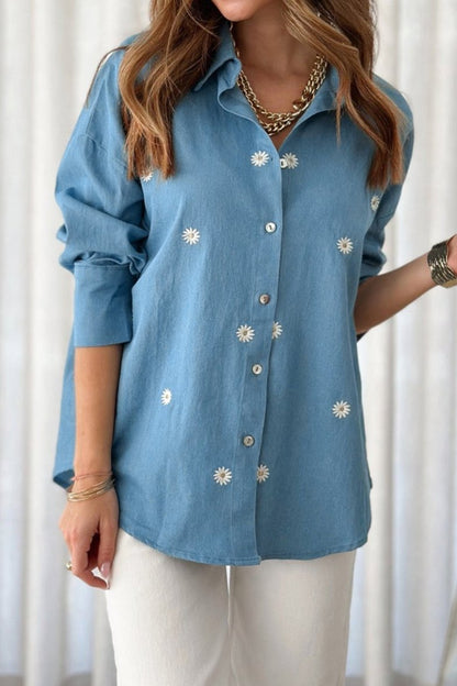 Floral Embroidered Buttoned Tunic Shirt