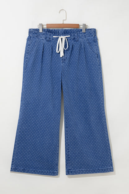 Plus Size Polka Dot Drawstring Wide Leg Jeans