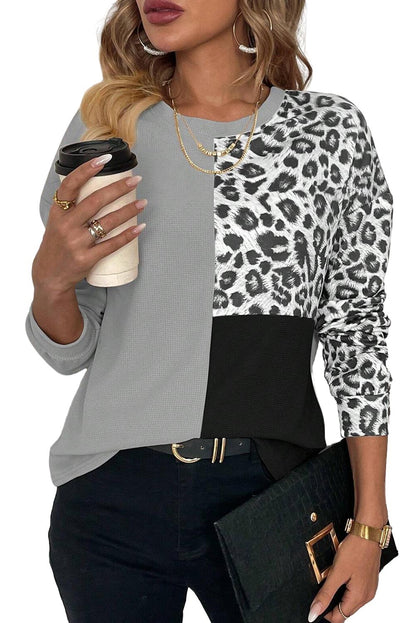 Leopard Colorblock Waffle Knit Top