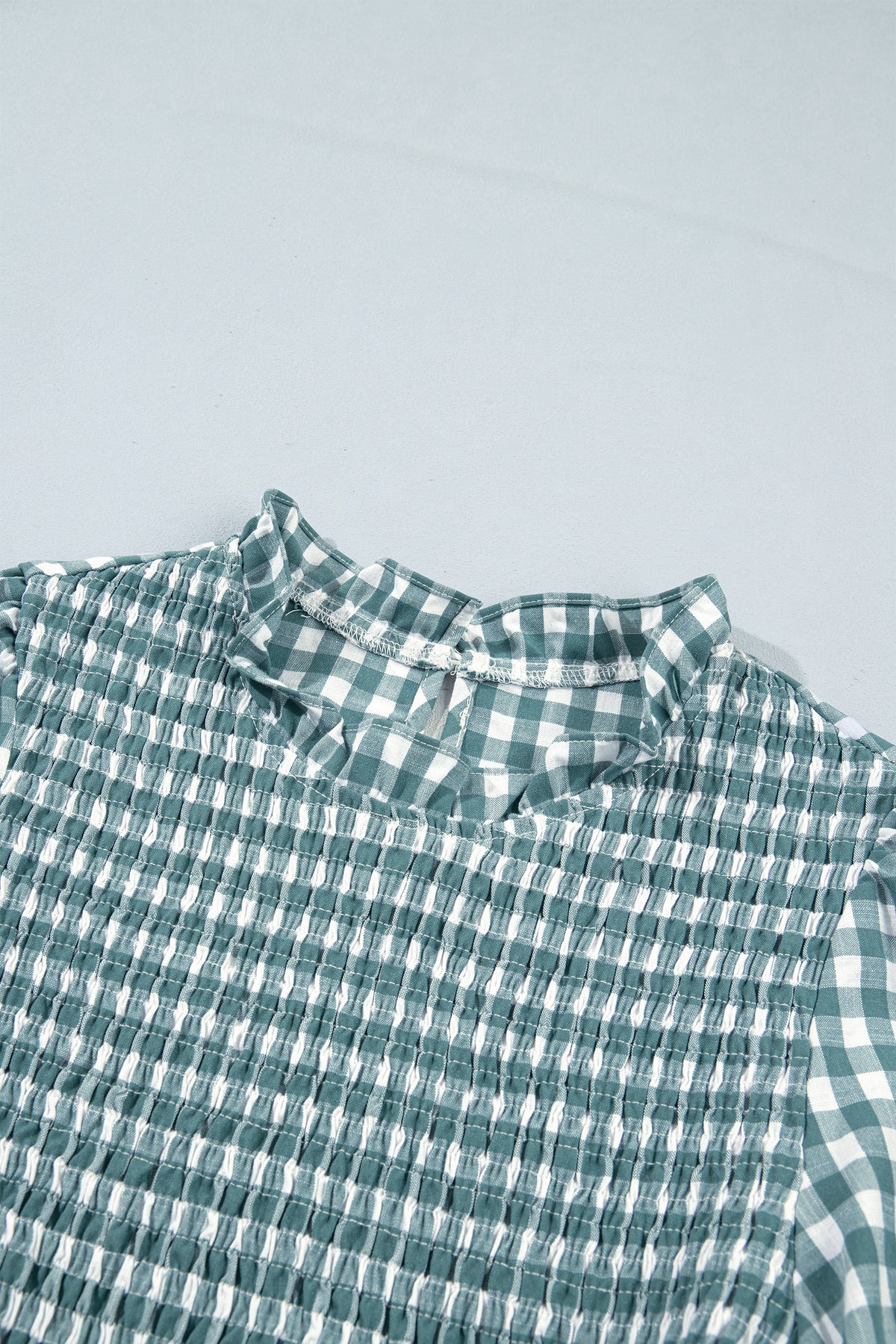 Gingham Shirred Long Sleeve Peplum Top