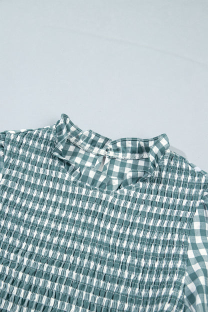 Gingham Shirred Long Sleeve Peplum Top