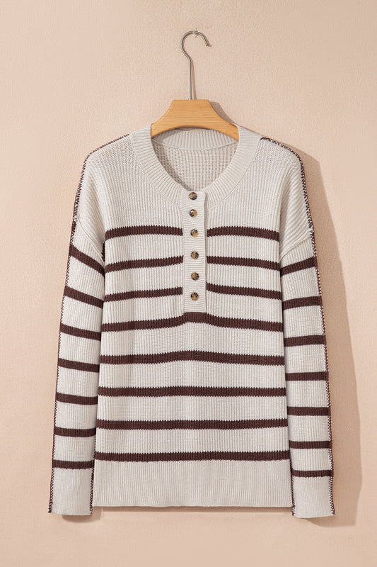 Stripe Ribbed Slouchy Drop Shoulder Henley Sweater