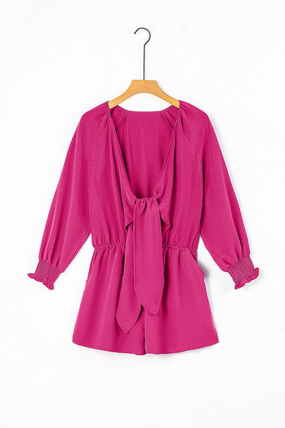 Solid Tie Knot V-Neck Puff Sleeve Romper