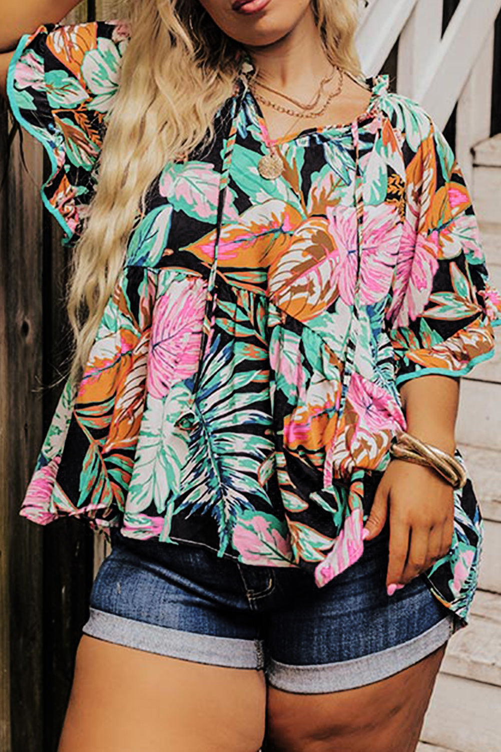 Tropical Ruffle Sleeve Blouse Plus Size