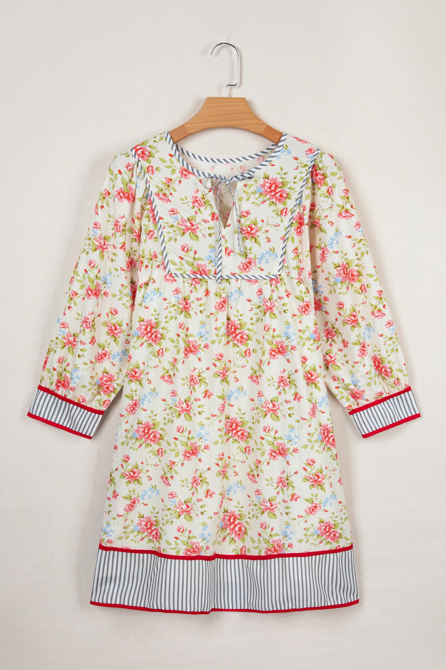 Floral Stripe Trim 3/4 Puff Sleeve Dress