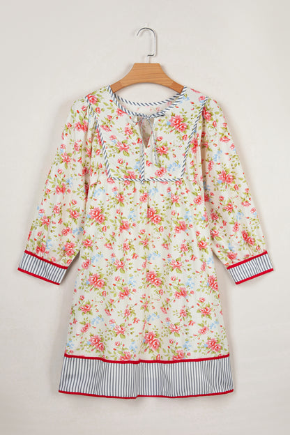 Floral Stripe Trim 3/4 Puff Sleeve Dress