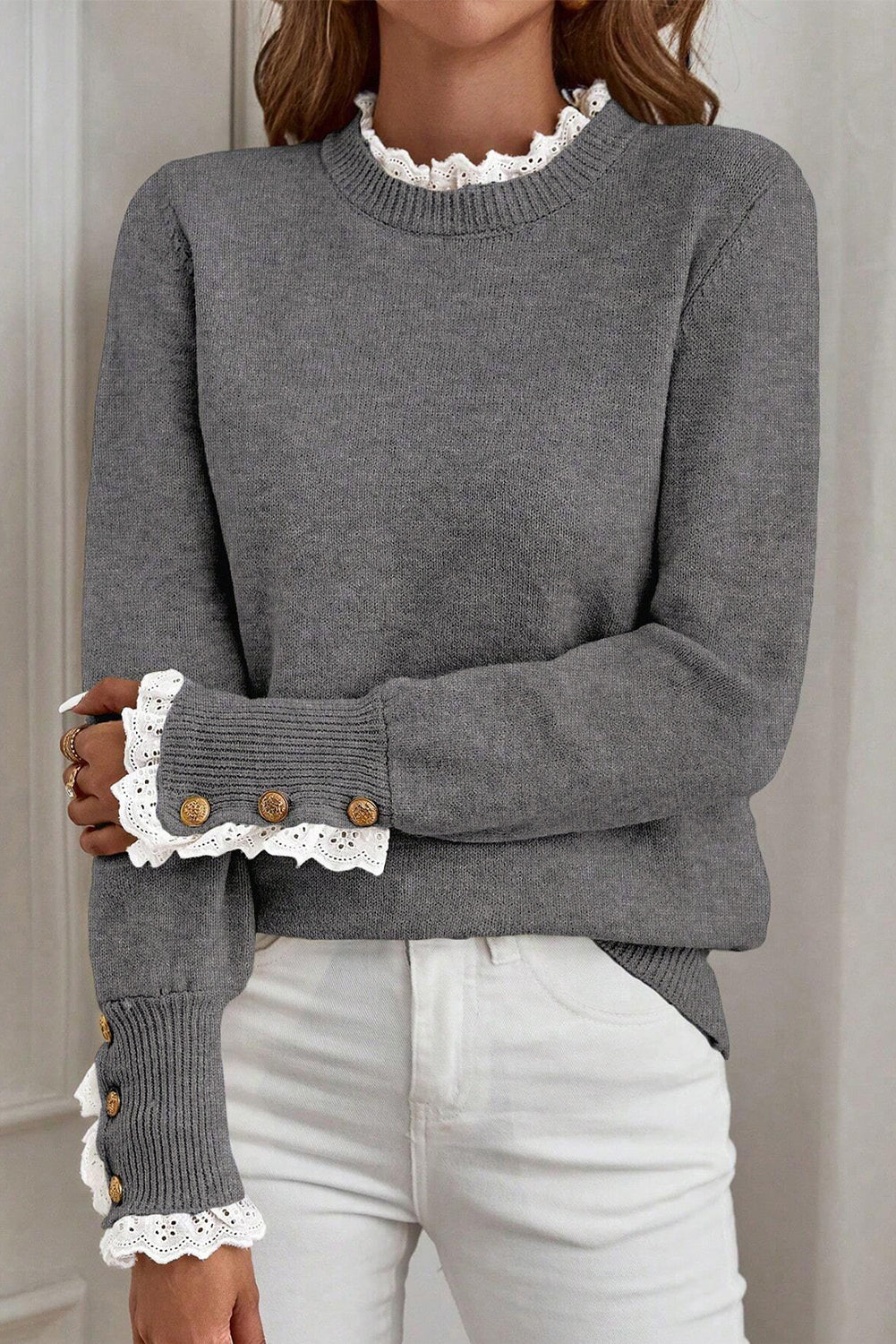 Lace Trim Patchwork Buttoned Cuff Sweater