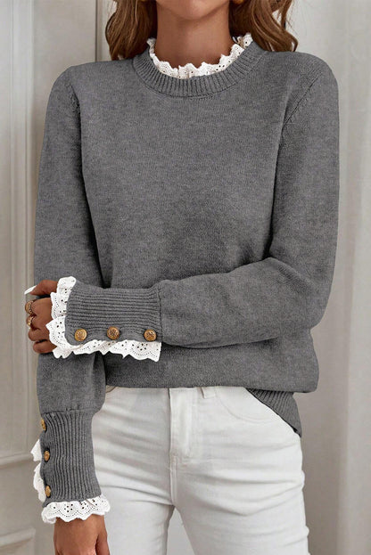 Lace Trim Patchwork Buttoned Cuff Sweater