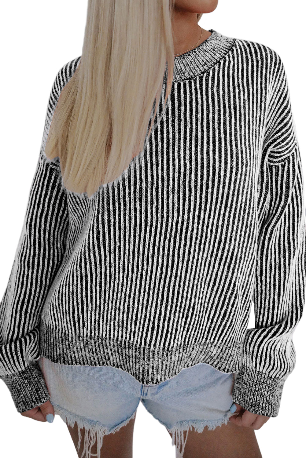 Stripe Ribbed Round Neck Sweater